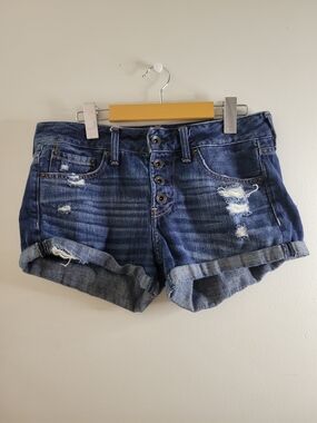 Abercrombie & Fitch Dark Blue Distressed Roll-Hem Denim Shorts